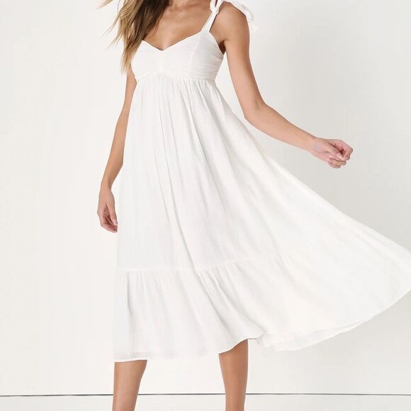 Lulus Romantic in Rome Tie-Strap Empire Waist Dress White M NWT IN PACKAGING - Picture 3 of 7
